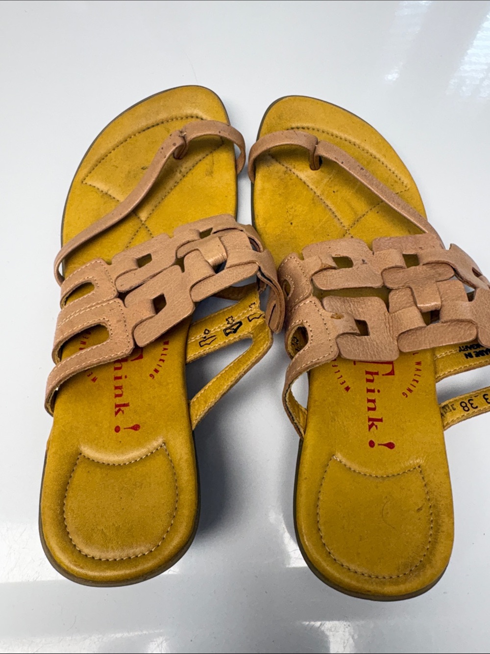 Think! Yellow Suede Slide Sandals with Tan Woven Straps